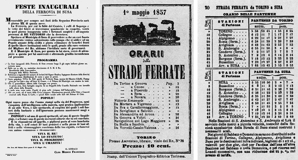 Il manifesto dell'inaugurazione della stazione e gli orari ferroviari del 1857